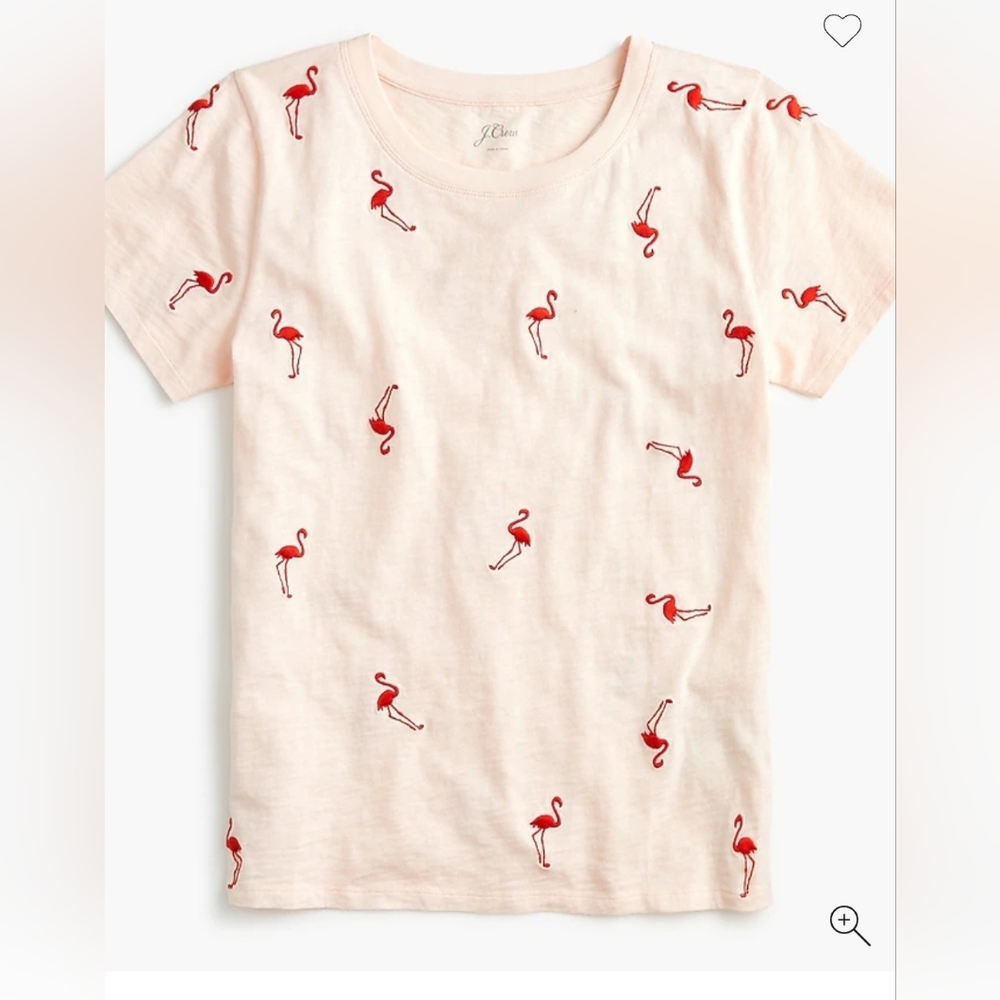 J. Crew Flamingo Embroidered Cotton Tee Light Pink Size Medium